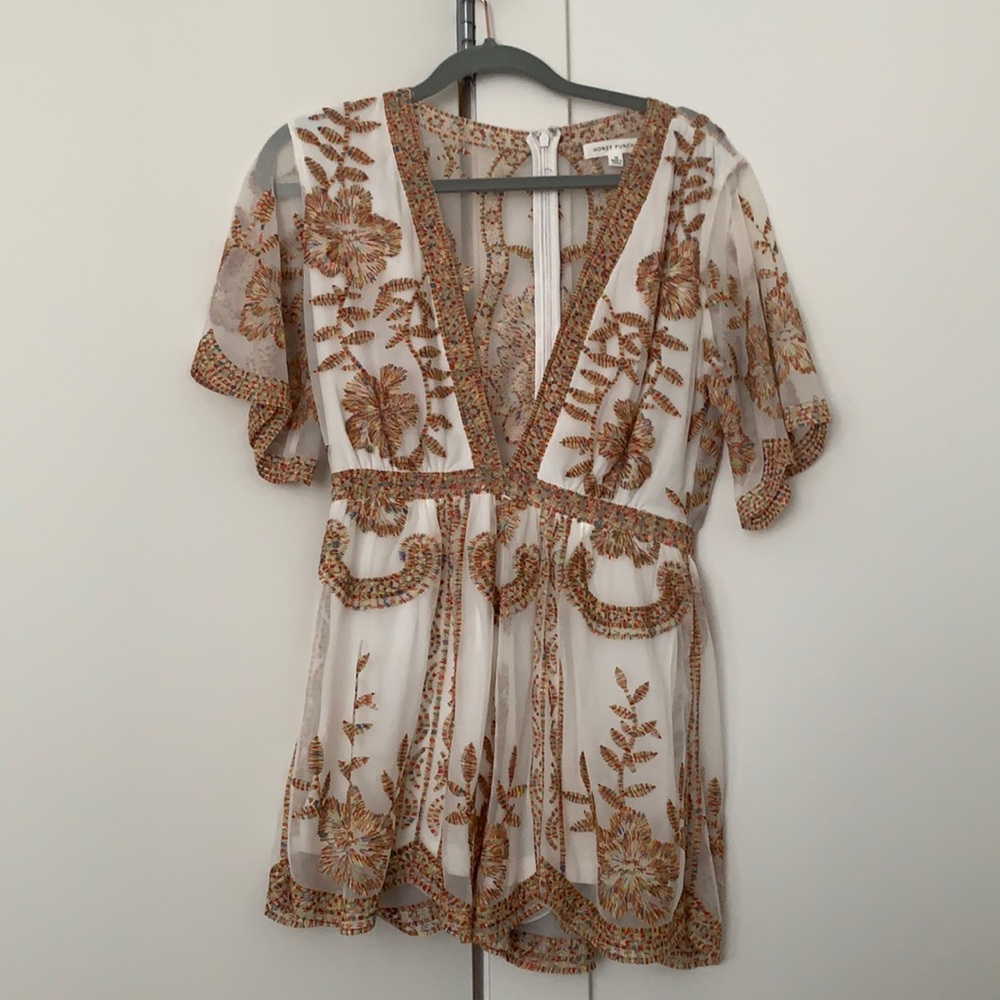 Honey Punch rainbow stitch romper